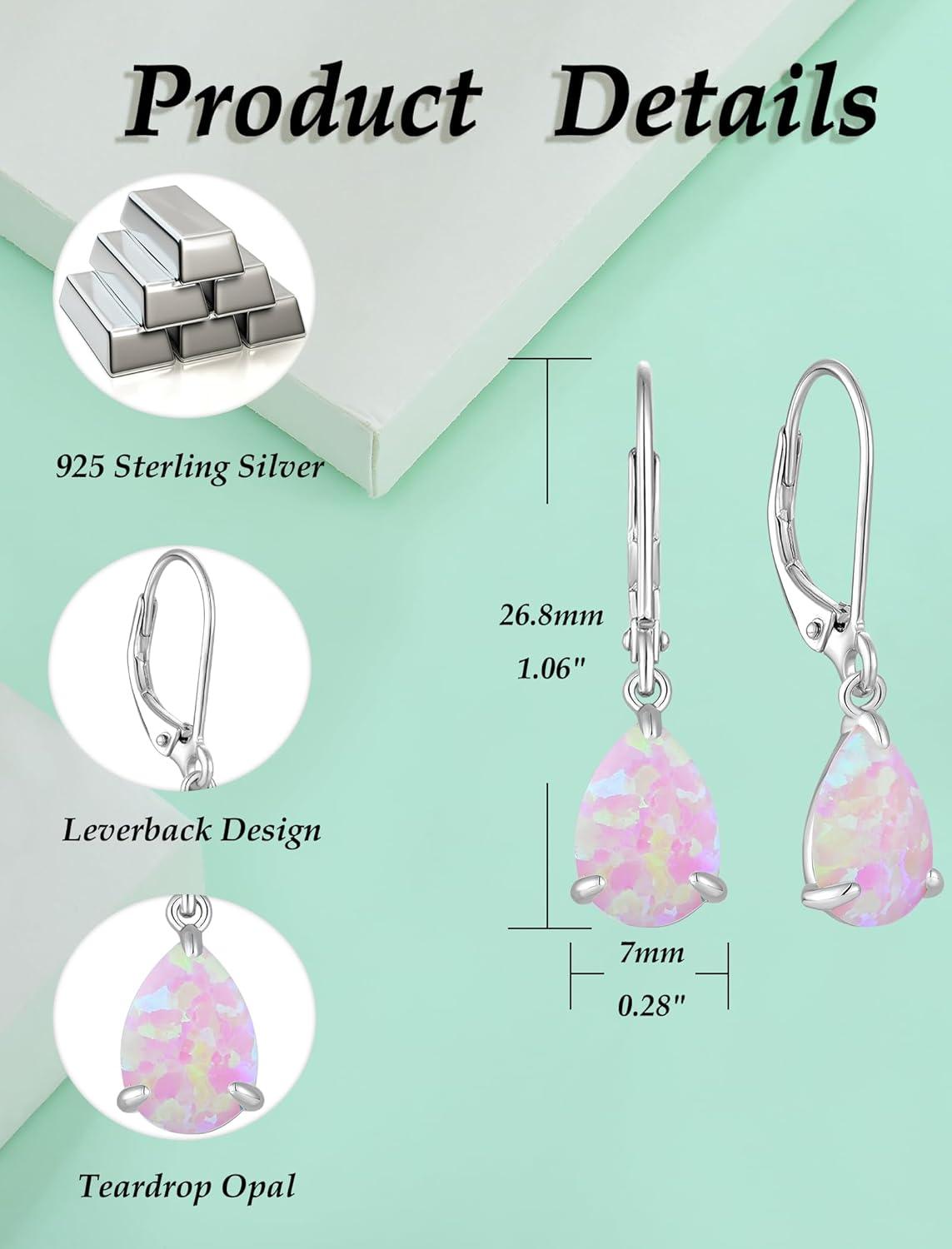 Dangle Drop Earrings 925 Sterling Silver Solitaire Leverback Earring Teardrop Created Opal Jewelry Gifts for Women