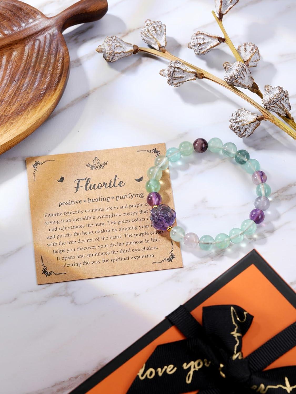 Amethyst Healing Crystal Bracelet for Women 8mm Crystal Stone Beads Rose Flower Charm Stretch Bracelet Handmade Energy Gemstone Bracelet Jewelry Mom Gifts