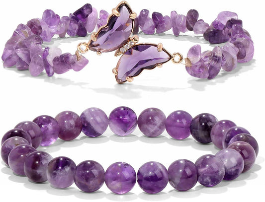 KDTONG Amethyst Bracelet For Women Anxiety Amethyst Beaded Bracelets Butterfly Charms Healing Stone Layered Bracelet Gifts For Women