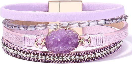 Leather Wrap Bracelet Boho Cuff Bangle Bracelets Crystal Bead Bracelet with Magnetic Clasp Jewelry Gifts for Women