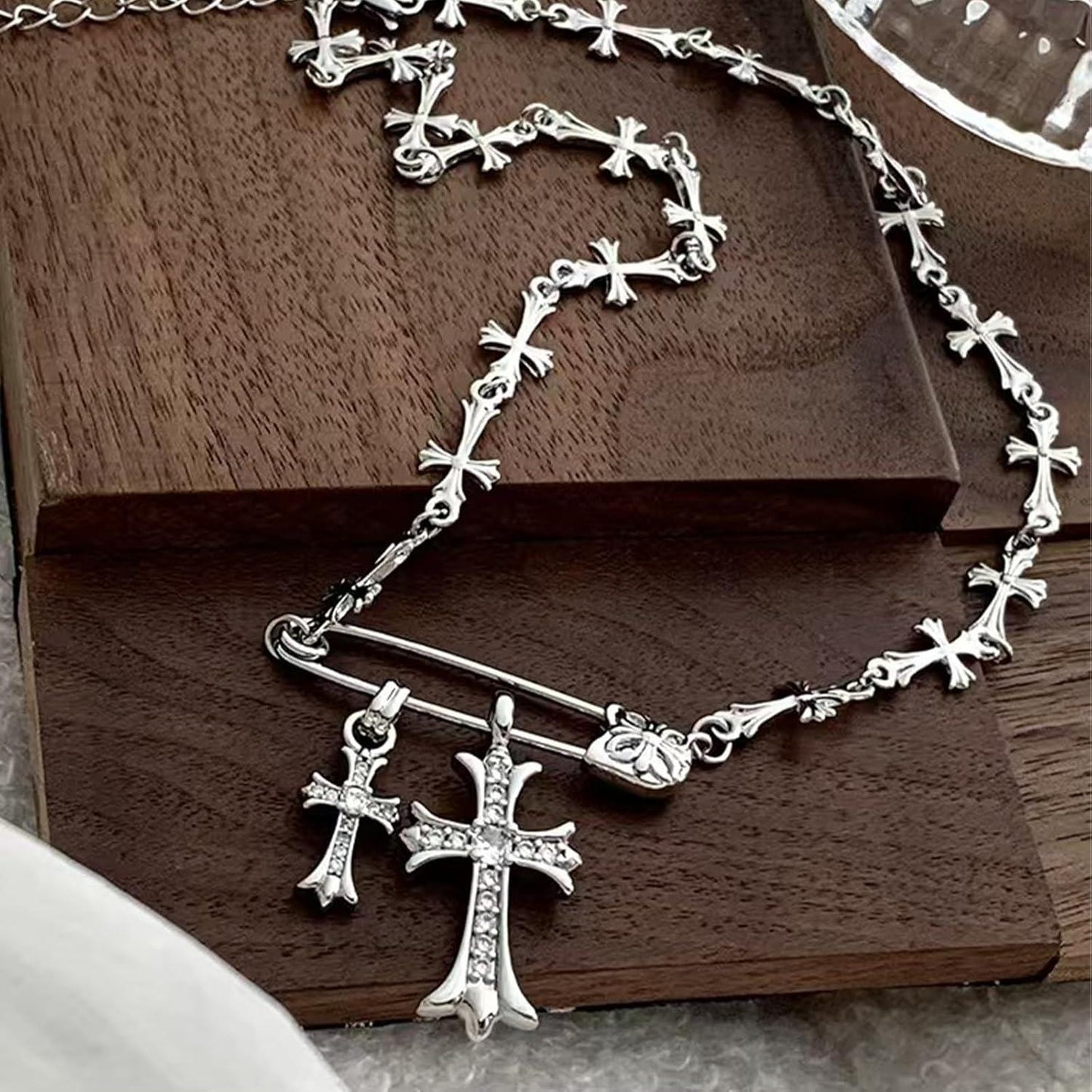 Cross Necklaces for Women, Safety Pin Necklace Silver Cross Cubic Zirconia Pendant Necklace, Faith Cross Necklaces Punk Goth Jewelry for Women Men