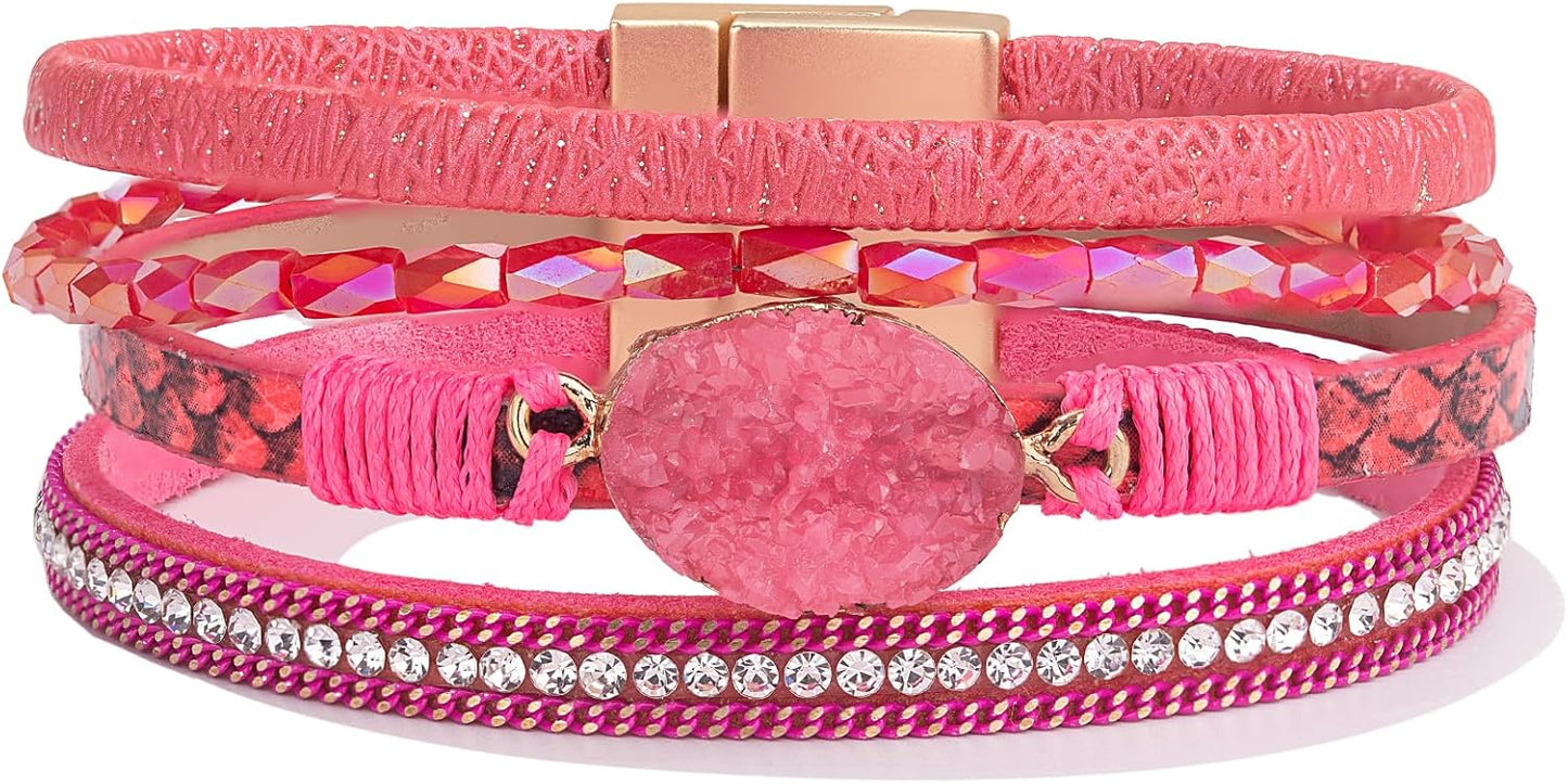 Leather Wrap Bracelet Boho Cuff Bangle Bracelets Crystal Bead Bracelet with Magnetic Clasp Jewelry Gifts for Women
