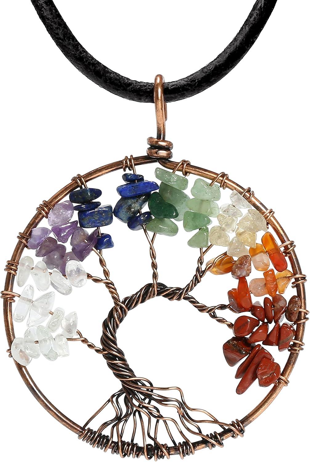 7 Chakra Gemstone Healing Crystals Necklace - Copper Wire Wrapped Natural Unisex Hippie Leather Choker