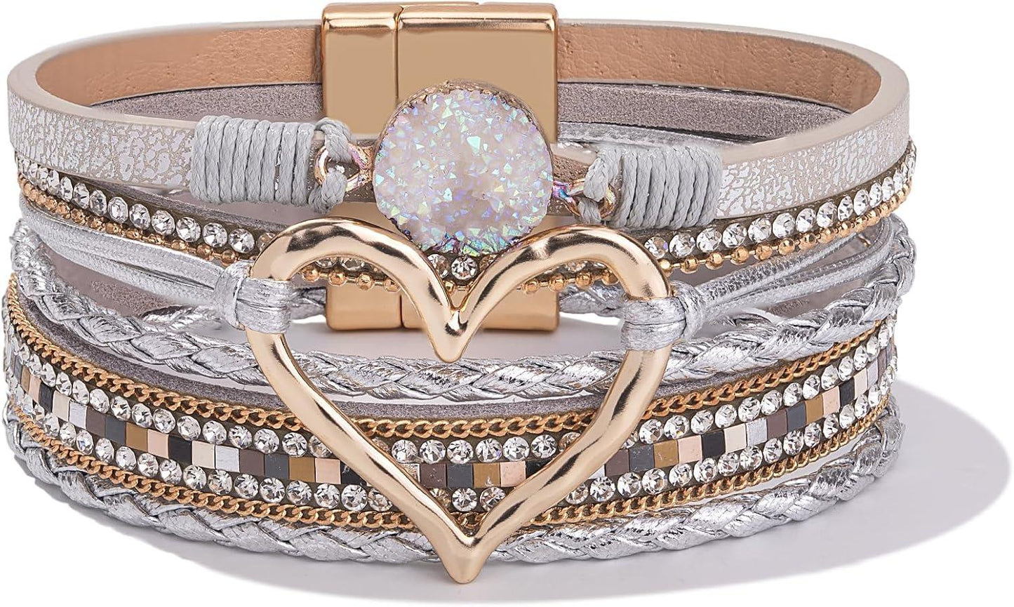 Heart Leather Wrap Bracelets Stackable Boho Cuff Bangles Trendy Resin Stone Rhinestone Bracelets with Magnetic Clasp for Women Mother Gift Jewelry