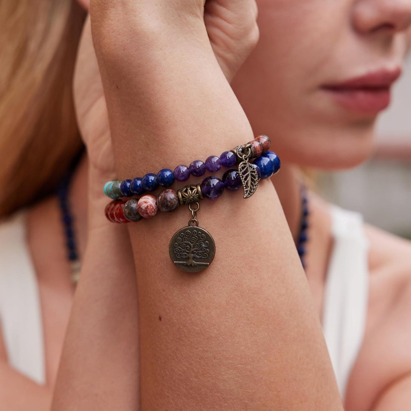 Bivei Natural Semi Precious Gemstone beads bracelet for women - Life Tree and Leaf Charm Energy Reiki Crystal Stretch Bracelets