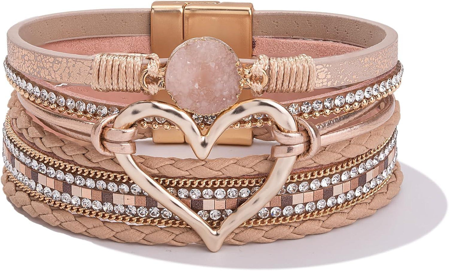 Heart Leather Wrap Bracelets Stackable Boho Cuff Bangles Trendy Resin Stone Rhinestone Bracelets with Magnetic Clasp for Women Mother Gift Jewelry