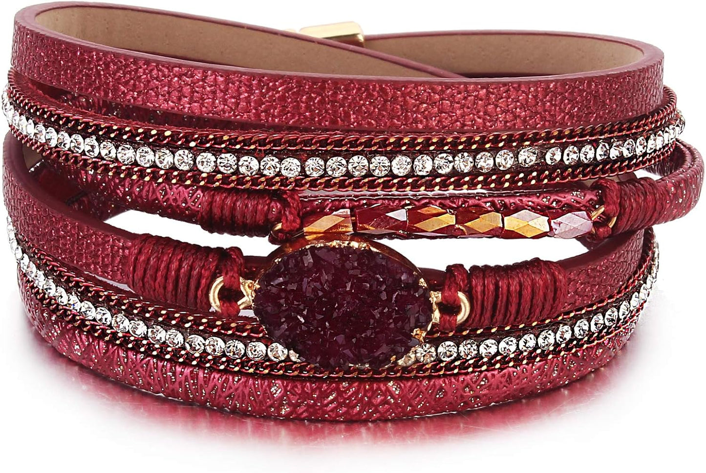 Leather Wrap Bracelet Boho Cuff Bangle Bracelets Crystal Bead Bracelet with Magnetic Clasp Jewelry Gifts for Women