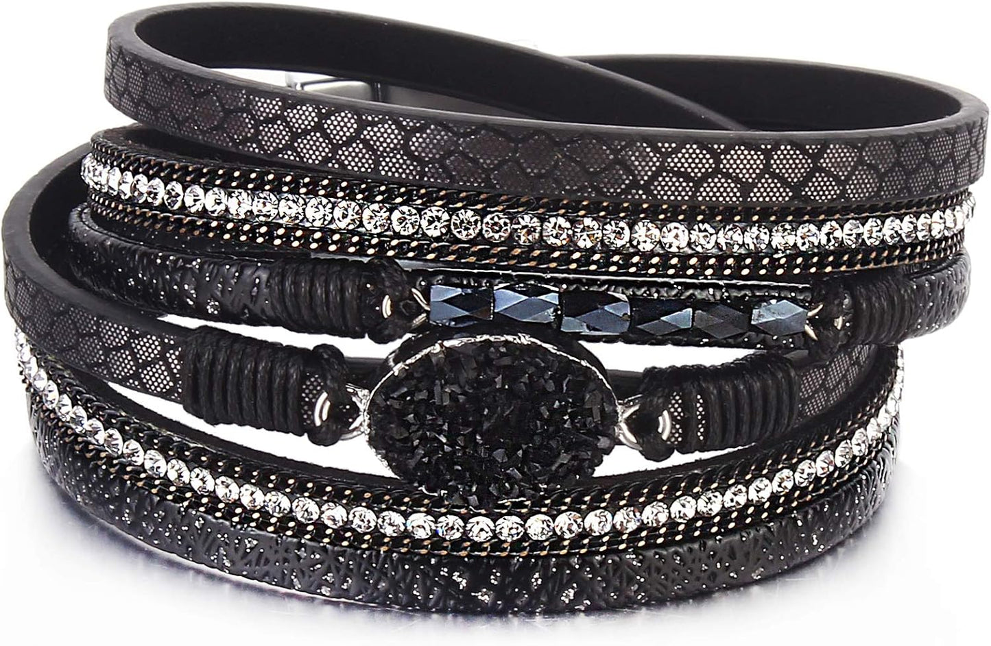 Leather Wrap Bracelet Boho Cuff Bangle Bracelets Crystal Bead Bracelet with Magnetic Clasp Jewelry Gifts for Women