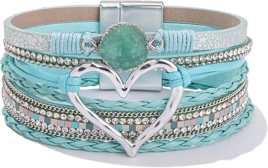 Heart Leather Wrap Bracelets Stackable Boho Cuff Bangles Trendy Resin Stone Rhinestone Bracelets with Magnetic Clasp for Women Mother Gift Jewelry