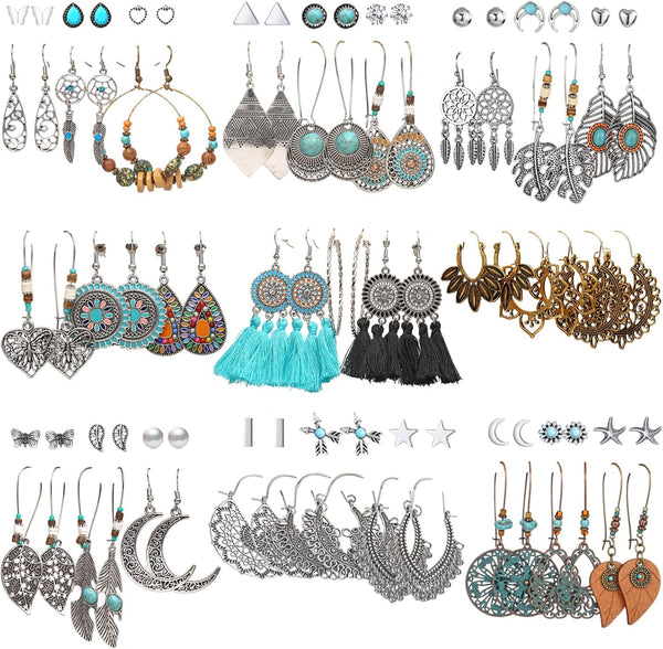 45 Pairs Vintage Silver Drop Dangle Earrings Set for Women Bohemian Bronze Waterdrop Leaf Earrings
